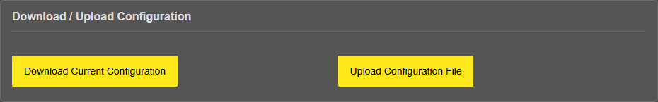 LKM154 v3.00.02, "Management" page, "Download / Upload Configuration" card with the buttons "Download Current Configuration" and "Upload Configuration File"