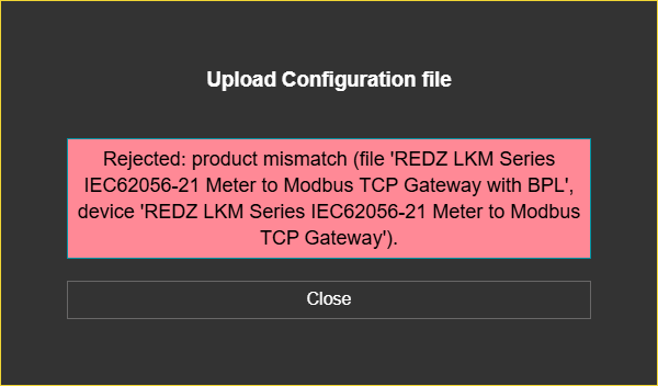 LKM154 v3.00.02, "Upload Configuration file" window with a "Rejected: product mismatch ..." reply after uploading an LKM655 (BPL) backup - nothing is written