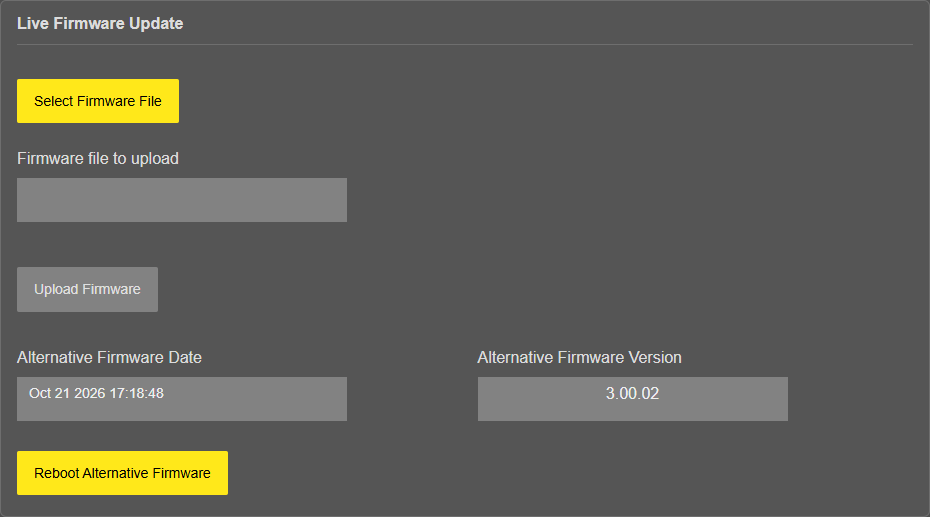 LKM154 v3.00.02, "Management" page, "Live Firmware Update" card after the update: no file selected, the alternative bank holds the previous firmware ("Alternative Firmware Version" and "Alternative Firmware Date" of that image), "Reboot Alternative Firmware" enabled