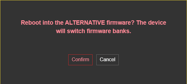 LKM154, confirmation window "Reboot into the ALTERNATIVE firmware? ..." with "Confirm" / "Cancel" - read-only if "Cancel" is clicked