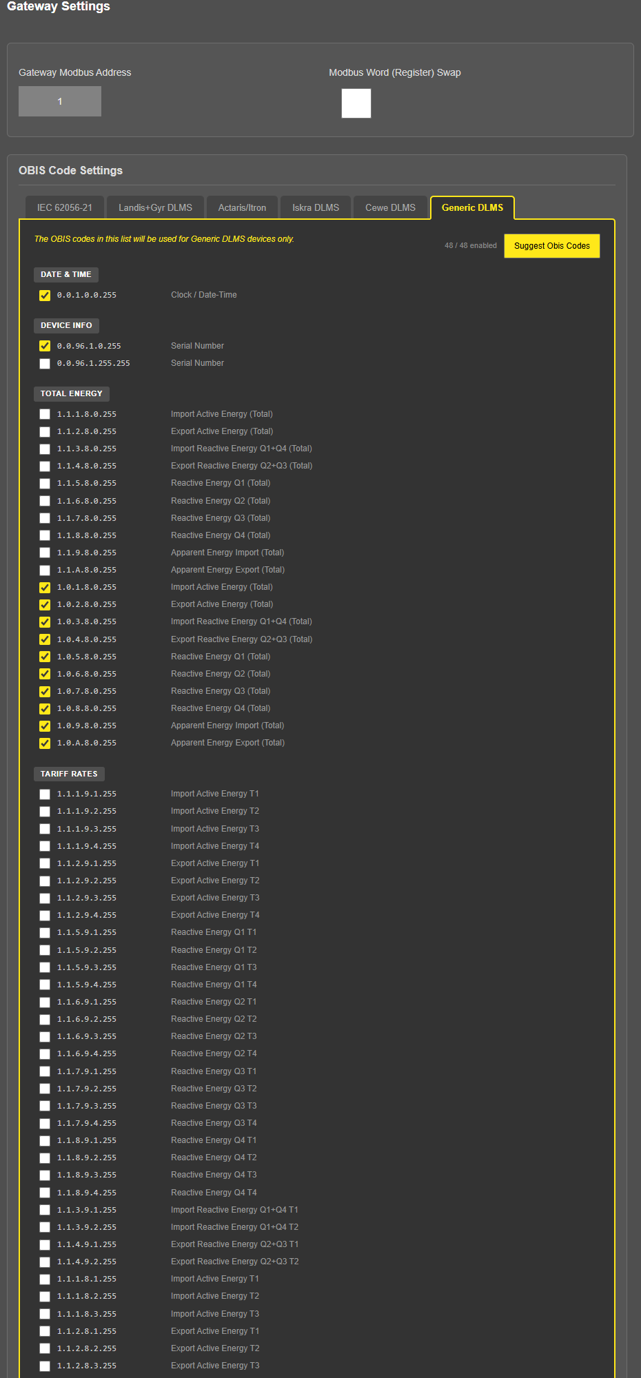 LKM154/254, Gateway Settings, "Generic DLMS" tab: the first groups of the code list ("Date & Time", "Device Info", "Total Energy", "Tariff Rates") with checkboxes, counter "48 / 48 enabled"