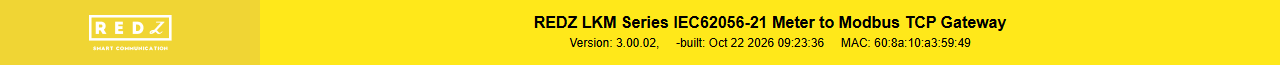 LKM154, header of the web page: product name "REDZ LKM Series IEC62056-21 Meter to Modbus TCP Gateway", "Version: 3.00.02", "-built: ..." and "MAC: ..."
