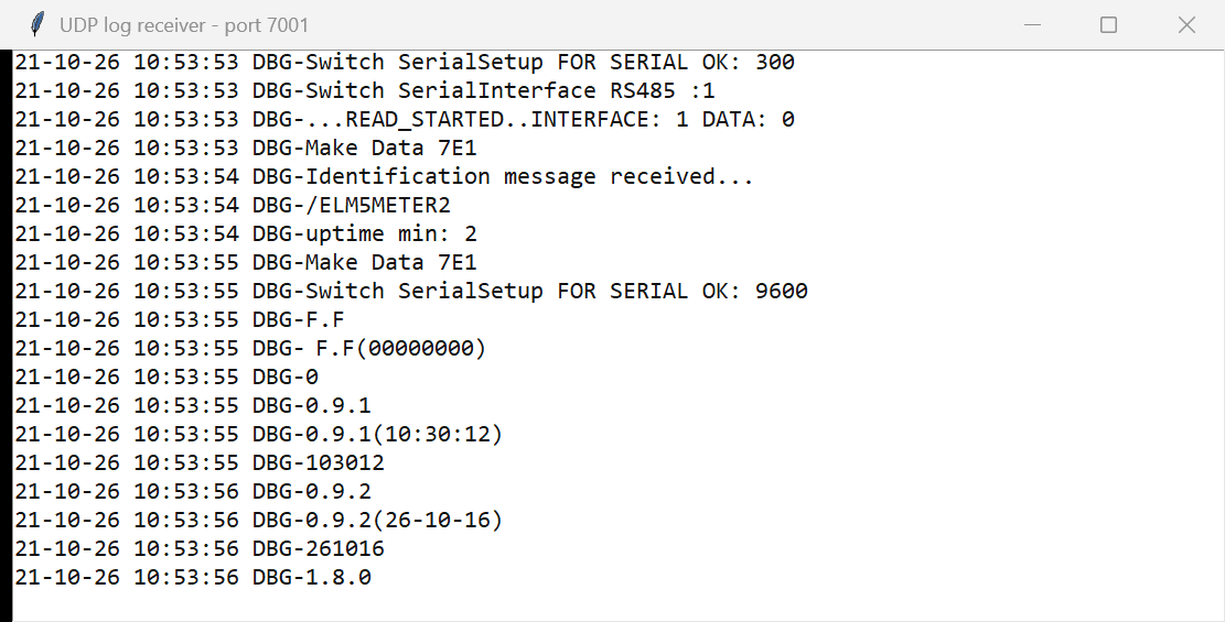 UDP receiver program on a PC showing log lines of an LKM154/254 with "Log Level" "DEBUG": the steps of one meter reading (serial set-up, identification line, OBIS codes and values)