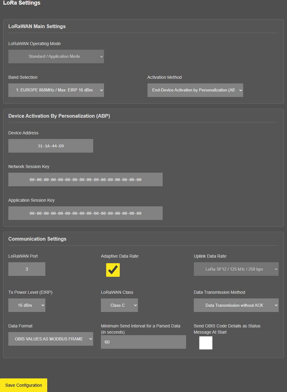 LKM354/454, LoRa Settings page with Activation Method ABP selected: Device Address, Network Session Key and Application Session Key