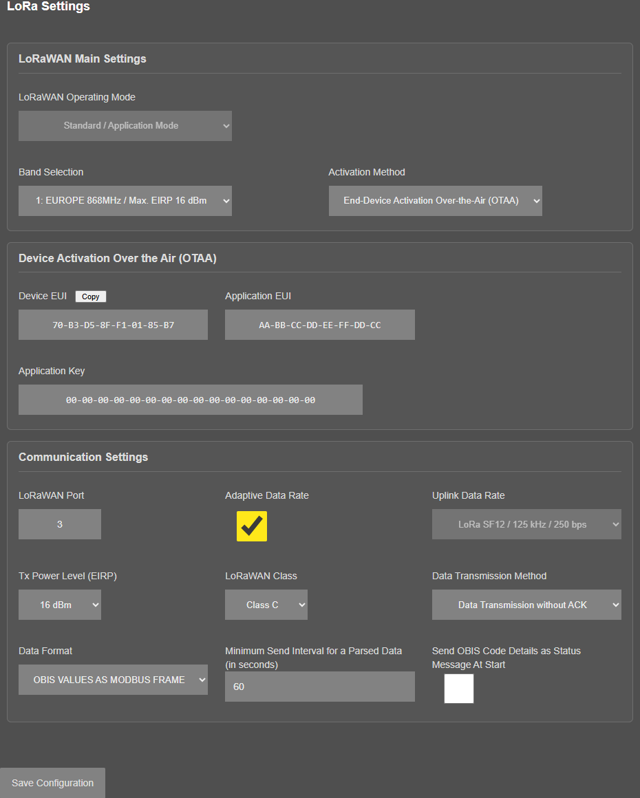 LKM354/454, LoRa Settings page of a unit that has joined the network, Activation Method OTAA, EU868 band 1, ADR on, Class C, without ACK; the App Key is masked in the picture