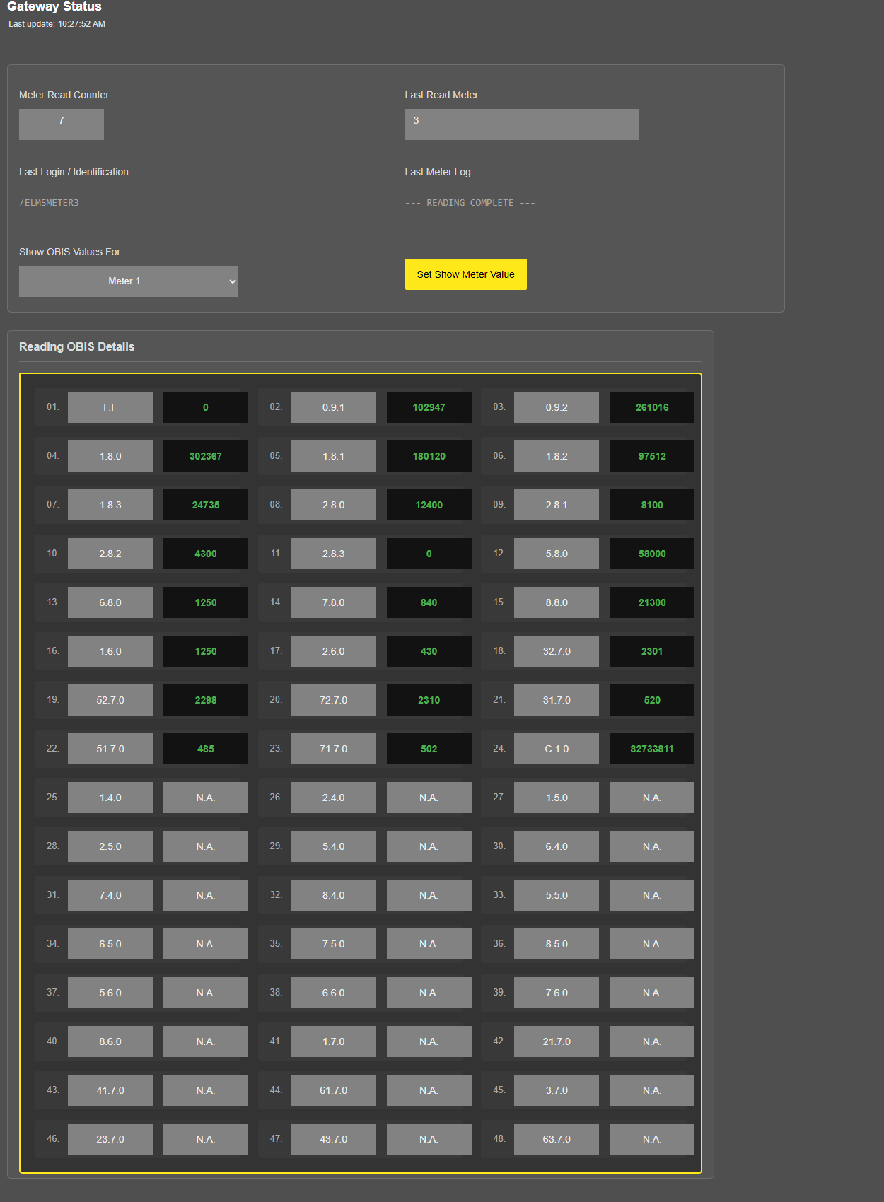 LKM154 v3.00.02, Gateway Status page, Reading OBIS Details of row 1