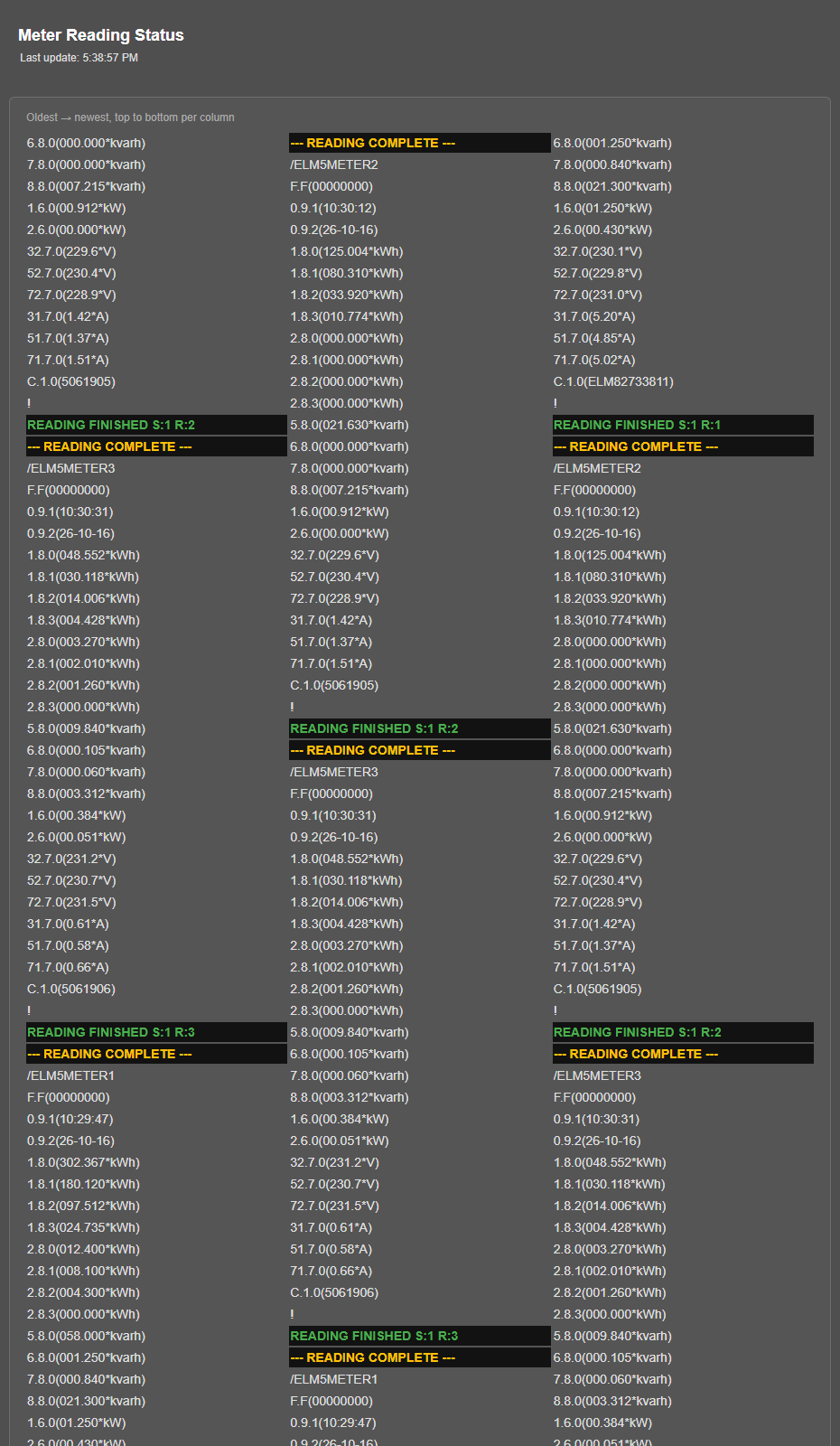 LKM154 v3.00.02, Meter Reading Status page with "READING FINISHED" lines without "ERROR" for rows 1-3