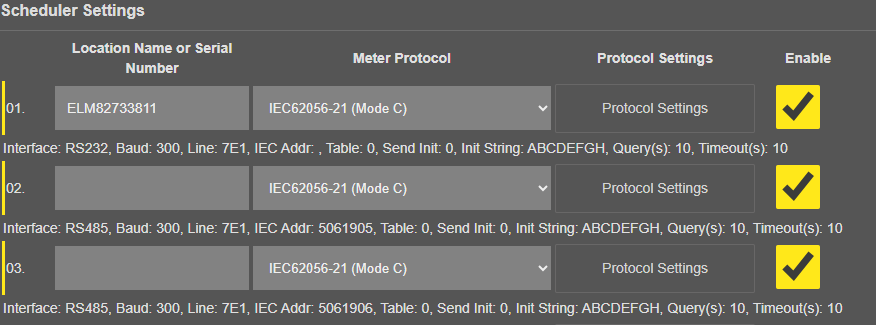 LKM154 v3.00.02, Operating Mode page, Scheduler Settings with 3 enabled IEC rows: row 1 on RS232, rows 2 and 3 on RS485 with "IEC Addr:" 5061905 and 5061906 in their settings line