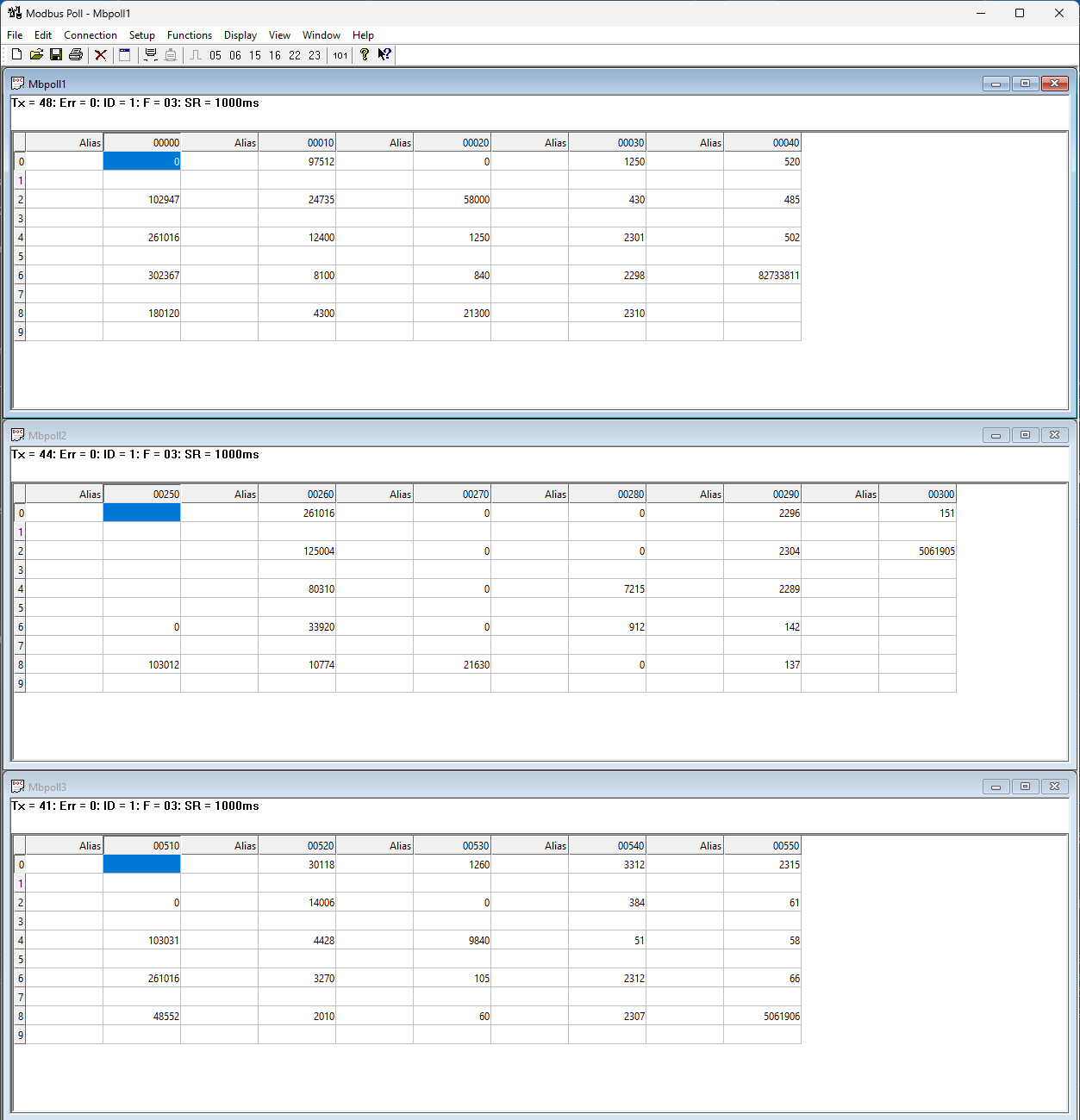 Modbus Poll on a PC, three read windows (rows 1-3, start addresses 0, 256 and 512, 48 registers each), display "Long Inverse" with "Modbus Word (Register) Swap" not checked, showing the 32-bit values of Gateway Status