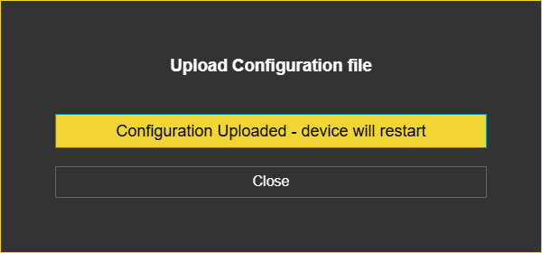LKM154/254, "Configuration Uploaded - device will restart" window - WRITE (config upload + restart; restore original afterwards)