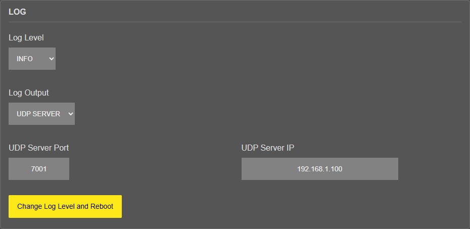 LKM154/254, LOG card with log level INFO and output "UDP SERVER", example IP address and port fields filled