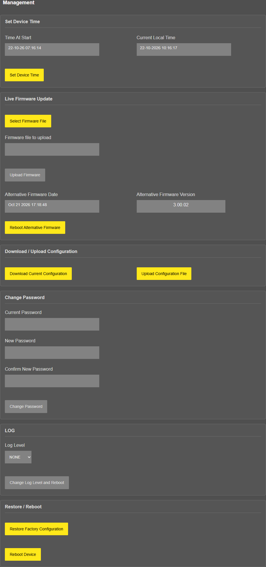 LKM154/254, Management page: time fields, "Live Firmware Update" card (the alternative bank holds the previous firmware), "Download / Upload Configuration", "Change Password", LOG card with log level NONE, "Restore Factory Configuration" and "Reboot Device"