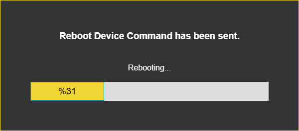 LKM154/254, "Reboot Device Command has been sent." window with progress bar - WRITE (restart)
