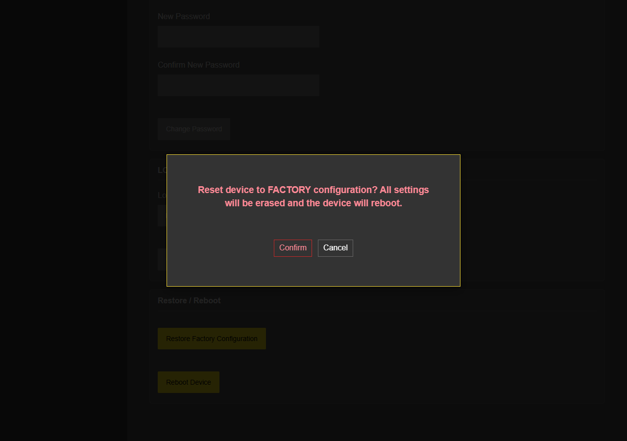 LKM154/254, confirmation window of "Restore Factory Configuration": "Reset device to FACTORY configuration? All settings will be erased and the device will reboot." with "Confirm" and "Cancel"