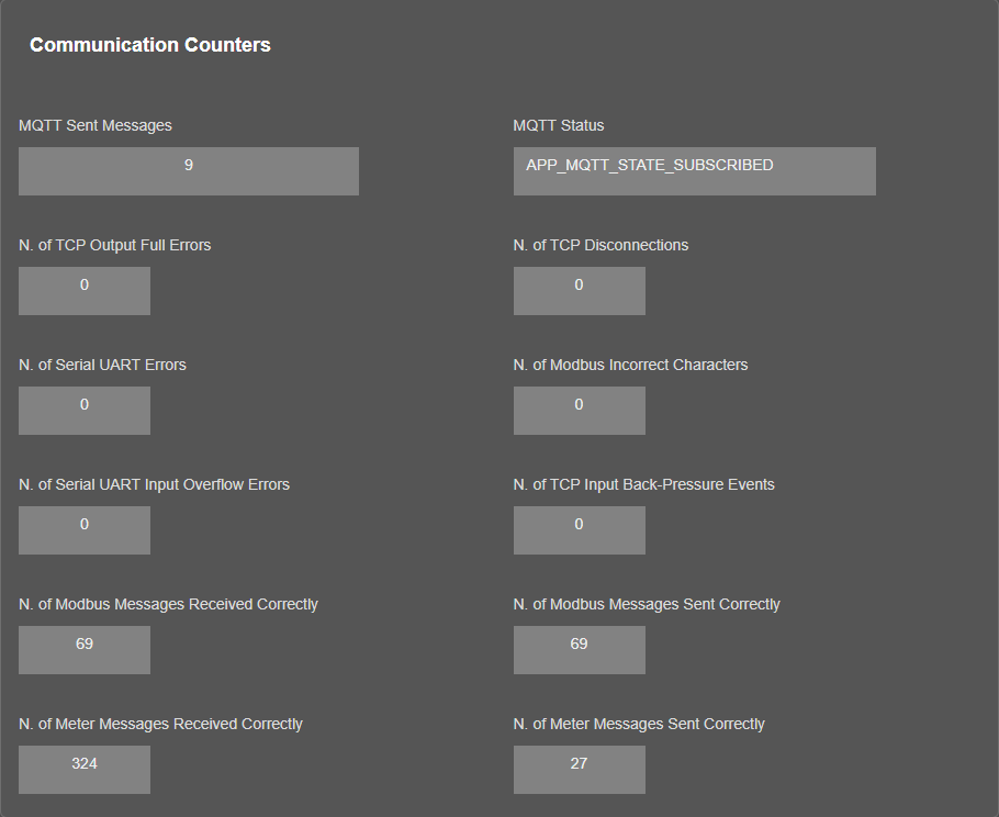 LKM154 v3.00.02, Device Status page, Communication Counters with MQTT Sent Messages counting and MQTT Status APP_MQTT_STATE_SUBSCRIBED