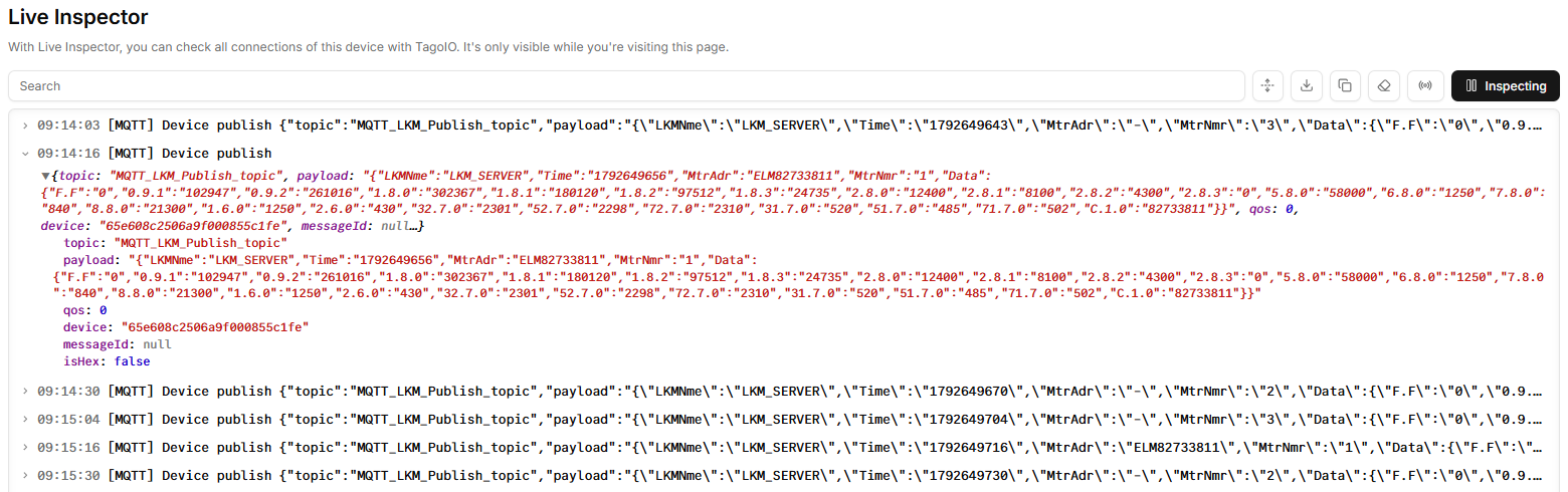 TagoIO Live Inspector showing one OBIS VALUES AS OBJECTS message from the gateway