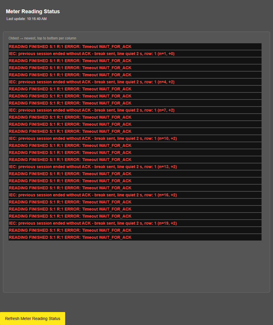 LKM154/254, Meter Reading Status of a row whose meter does not answer: "READING FINISHED S:1 R:1 ERROR: Timeout WAIT_FOR_ACK" lines and "IEC: previous session ended without ACK - break sent, line quiet 2 s, row: 1 ..." lines, all red on a dark background, no read-out lines and no "--- READING COMPLETE ---" separator