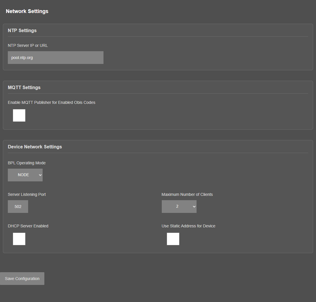LKM655 v3.00.02, Network Settings page: Device Network Settings with "BPL Operating Mode" (NODE)