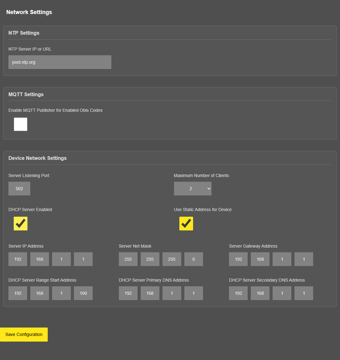 LKM154/254, Device Network Settings with "DHCP Server Enabled" checked, range and DNS fields visible - page state only, do not save (WRITE if saved)