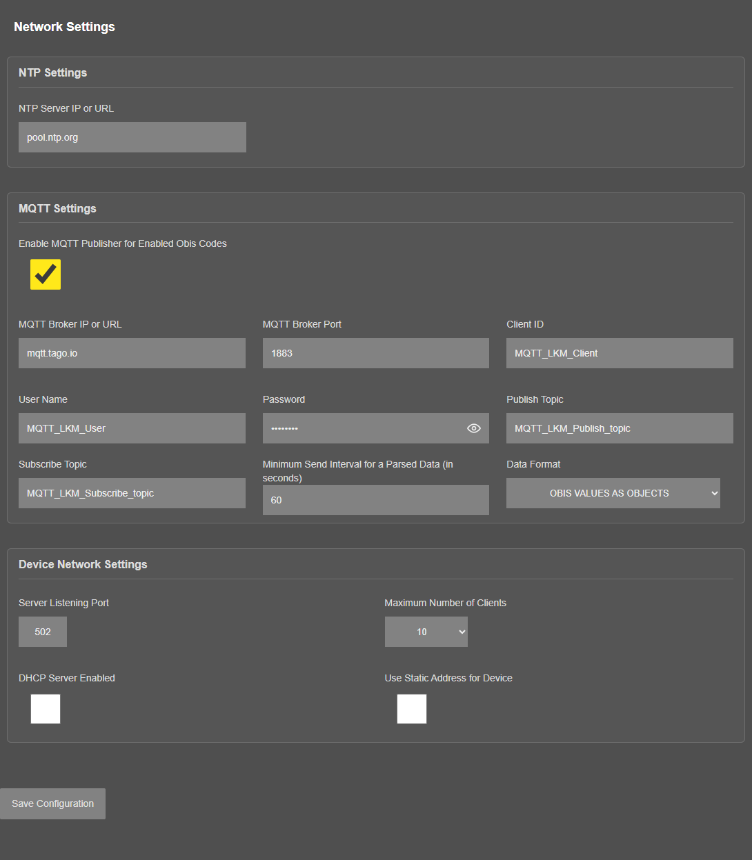Network Settings page with MQTT enabled: all MQTT fields visible, example broker values, the password shown as dots with the eye button at the right end of the field (masked in the picture)