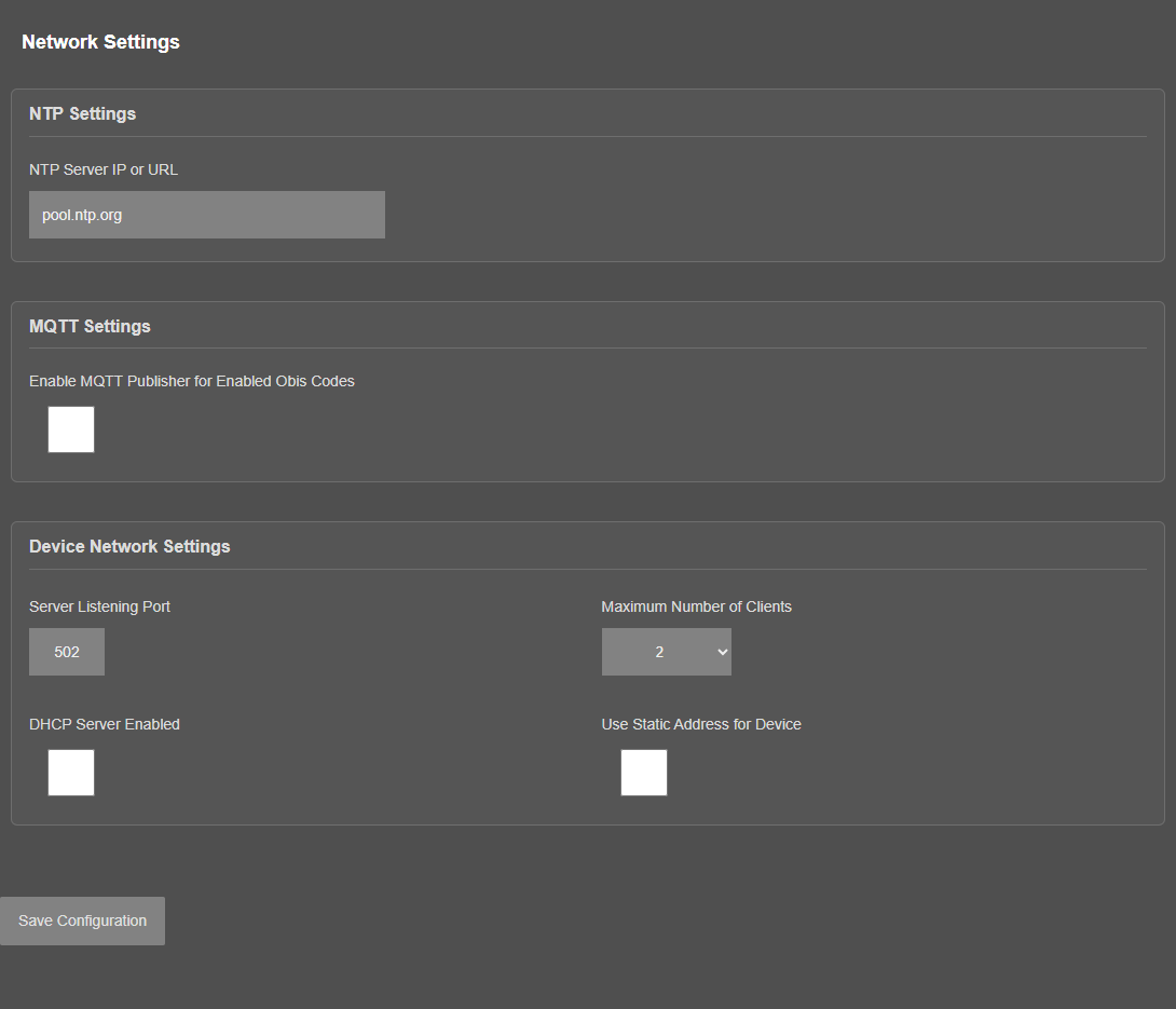LKM154/254, Network Settings page with the default values: NTP server "pool.ntp.org", MQTT disabled, DHCP client mode