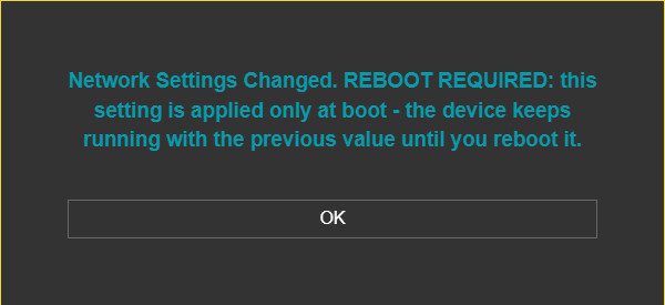 LKM154/254, "Network Settings Changed." window with the REBOOT REQUIRED note - WRITE