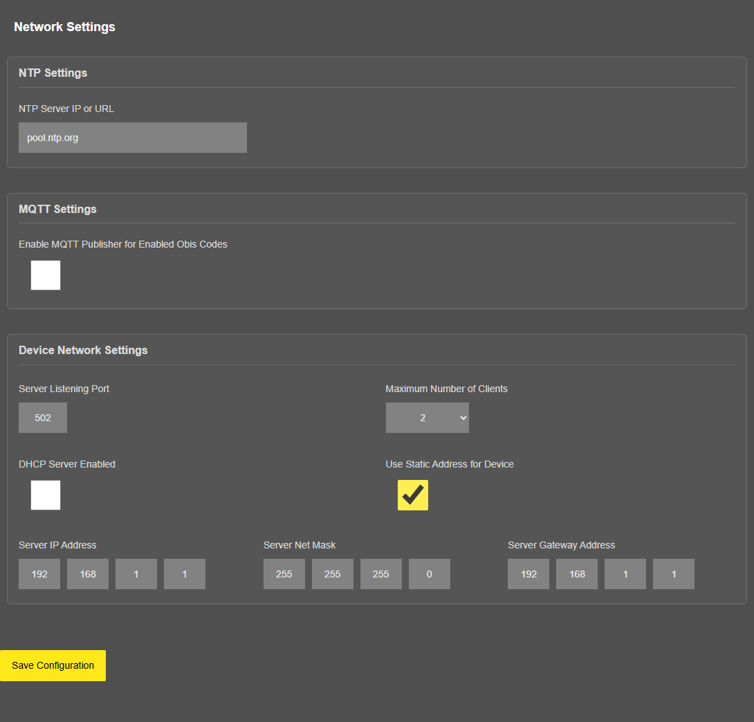 LKM154/254, Device Network Settings with "Use Static Address for Device" checked - read-only on a unit with a static address, otherwise WRITE