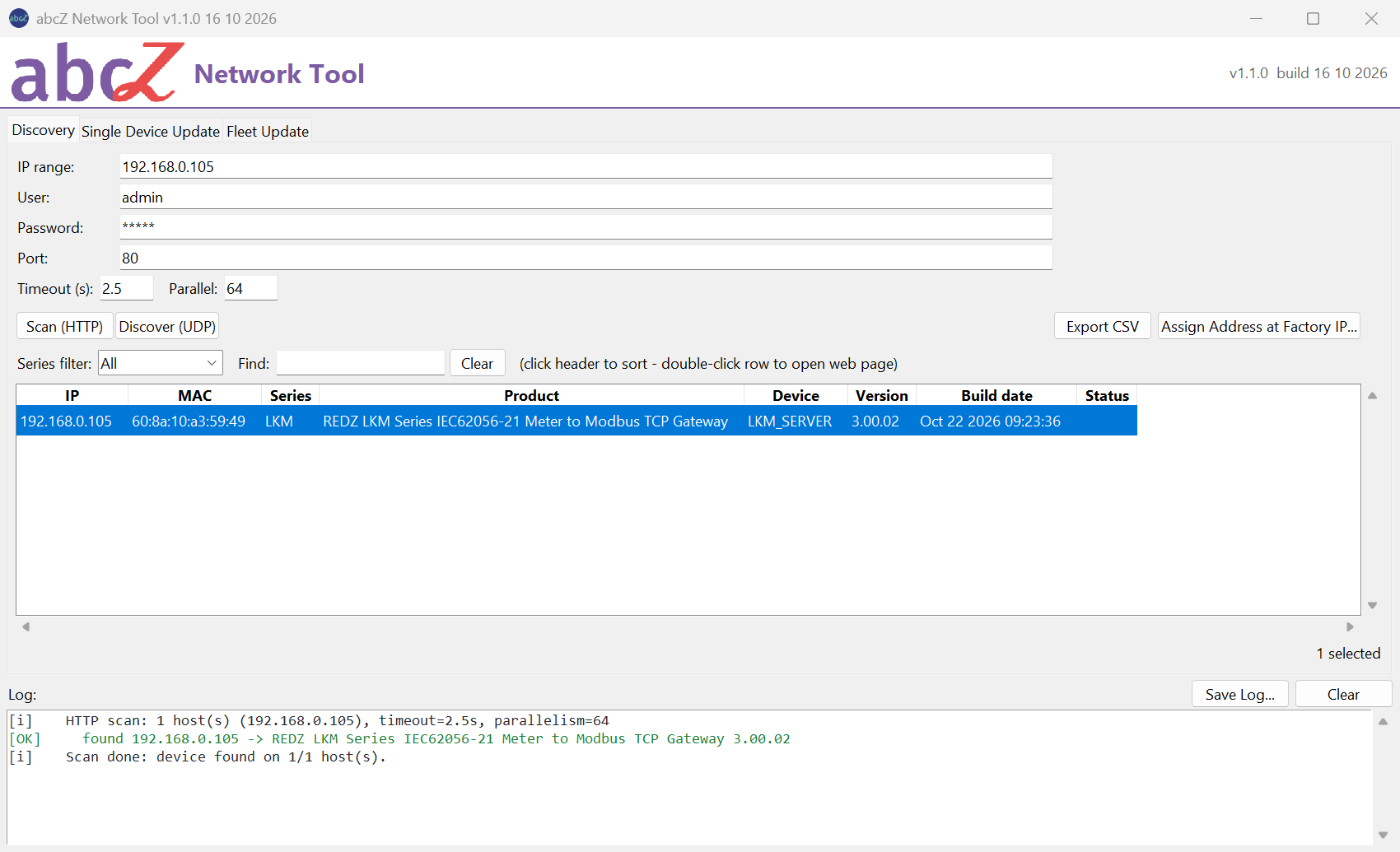 abcZ Network Tool 1.1.0, Discovery tab after "Scan (HTTP)": the row of one LKM unit with IP, MAC, Product and Version 3.00.02