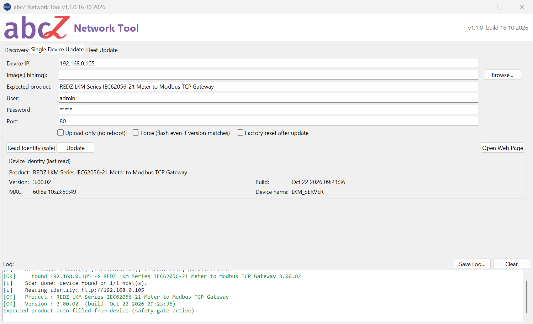 abcZ Network Tool 1.1.0, Single Device Update tab after "Read Identity (safe)": panel "Device identity (last read)" of an LKM154/254 with Product, Version 3.00.02, Build, MAC and Device name, "Expected product" filled, and the log