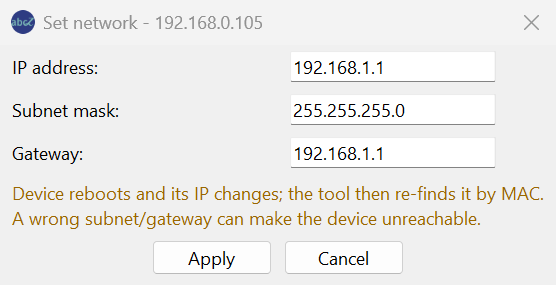 abcZ Network Tool 1.1.0, window "Set network - <address>" for an LKM154/254 with IP address, Subnet mask, Gateway, the warning text and Apply / Cancel (closed with Cancel)