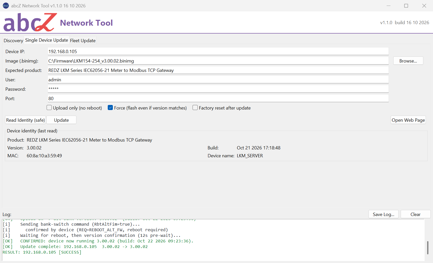 abcZ Network Tool 1.1.0, Single Device Update tab at the end of an update of an LKM154/254 with "Force": the log ends with the bank switch confirmed by the unit, the version read back after the restart (3.00.02) and "RESULT: ... [SUCCESS]"