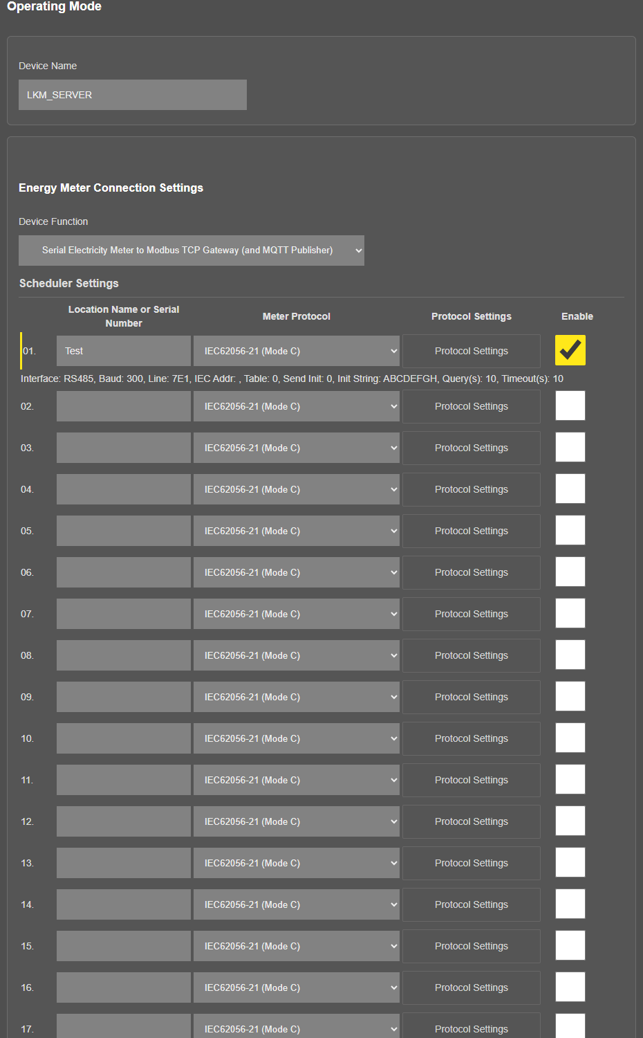 LKM154/254, Operating Mode page, Device Function = serial, one meter row enabled