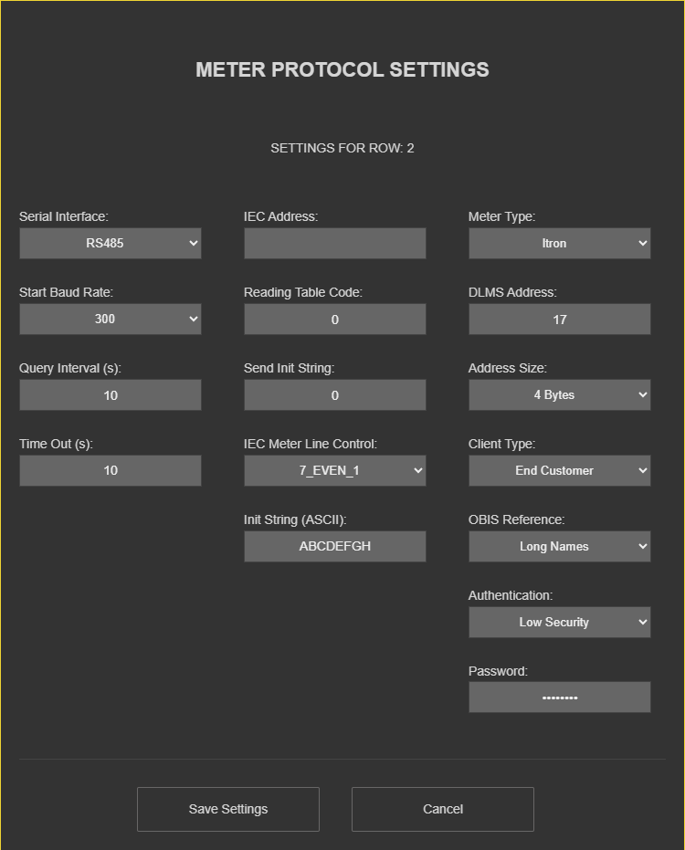 LKM154/254, Meter Protocol Settings window of a "DLMS/COSEM with IEC62056-21 Opening" row (three columns) - read-only