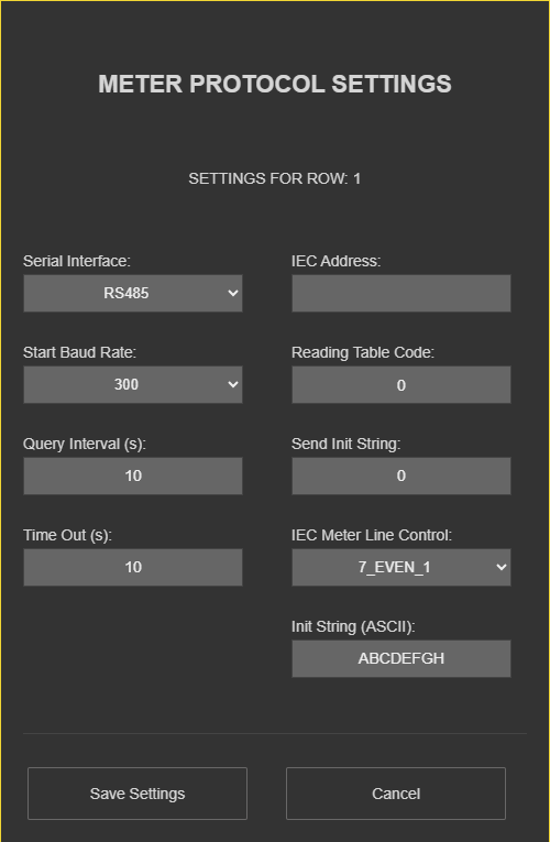 LKM154/254, Meter Protocol Settings window of an IEC row (connection + IEC columns) - read-only