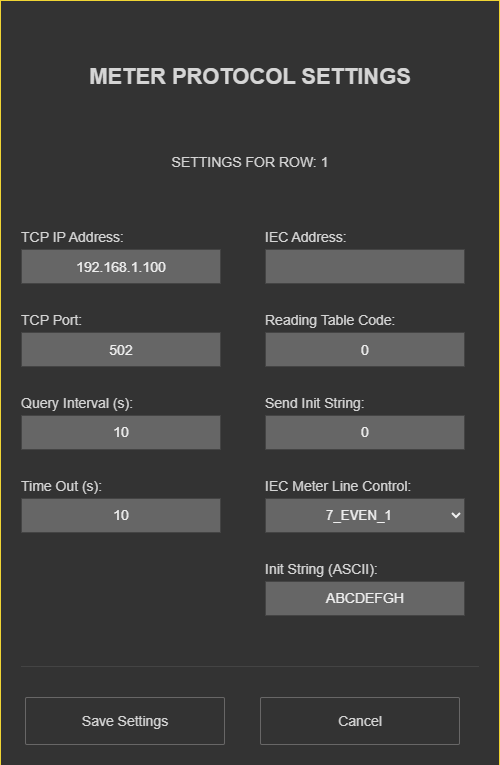 LKM154/254 with Device Function = TCP/IP, Meter Protocol Settings window showing "TCP IP Address" and "TCP Port" - WRITE (Device Function change + restart) or a second unit already in that mode