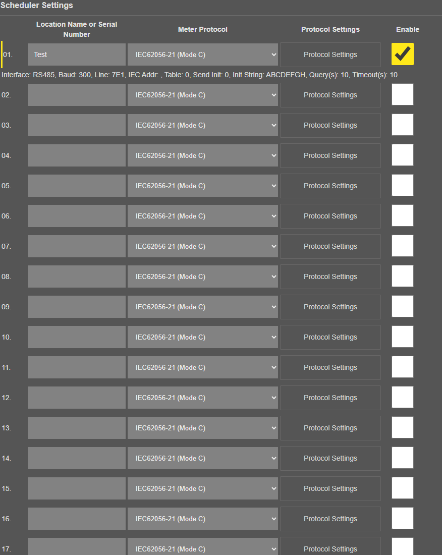 LKM154/254, Scheduler Settings list, row 1 enabled (IEC62056-21) with its summary line under it, the other rows empty