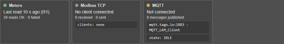 LKM615 (EMH model), Device Status overview cards: "Meters" green ("Last read ... ago (R1)", reads OK, 0 failed), "Modbus TCP" grey, "MQTT" amber ("Not connected", broker line, "state: ..." line)