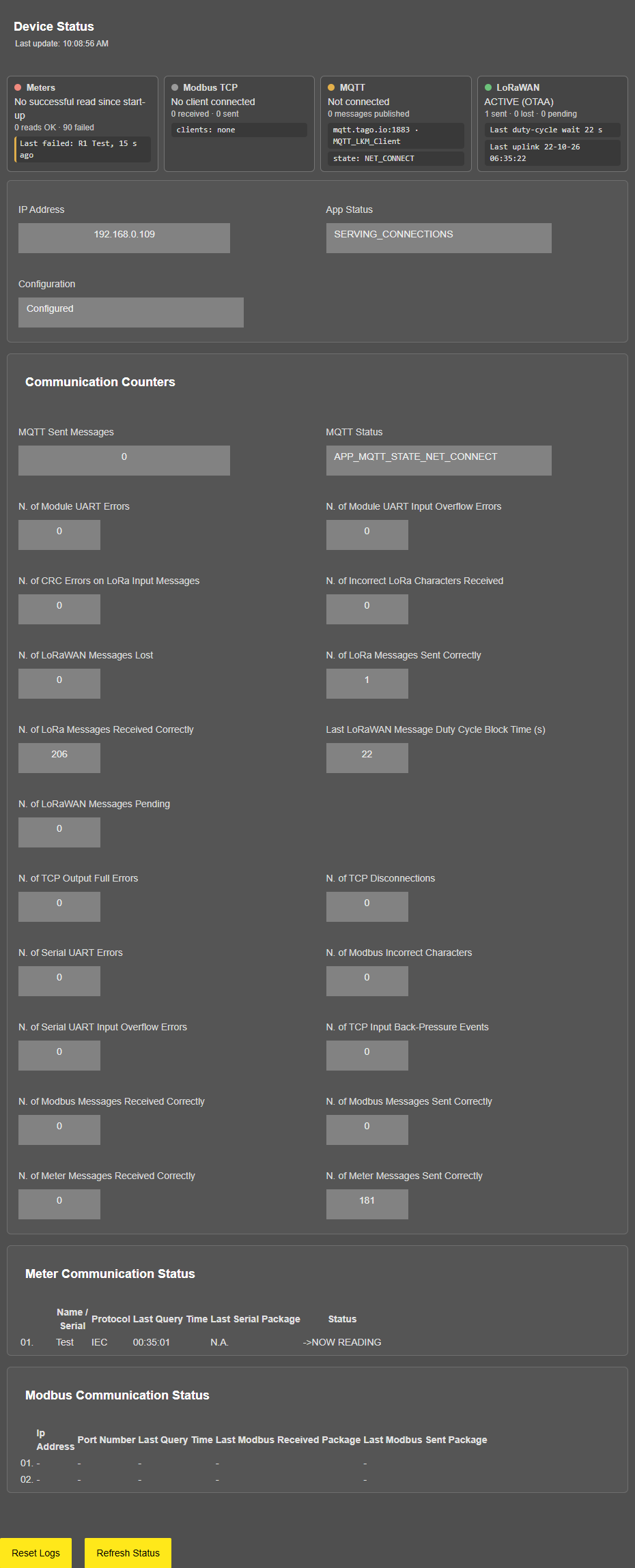 LKM354/454 with the v3.00.02 image, Device Status page after joining: four overview cards incl. "LoRaWAN" (green, "ACTIVE (OTAA)", one message sent, none lost or pending), the LoRa counters; "Configuration" shows "Configured"