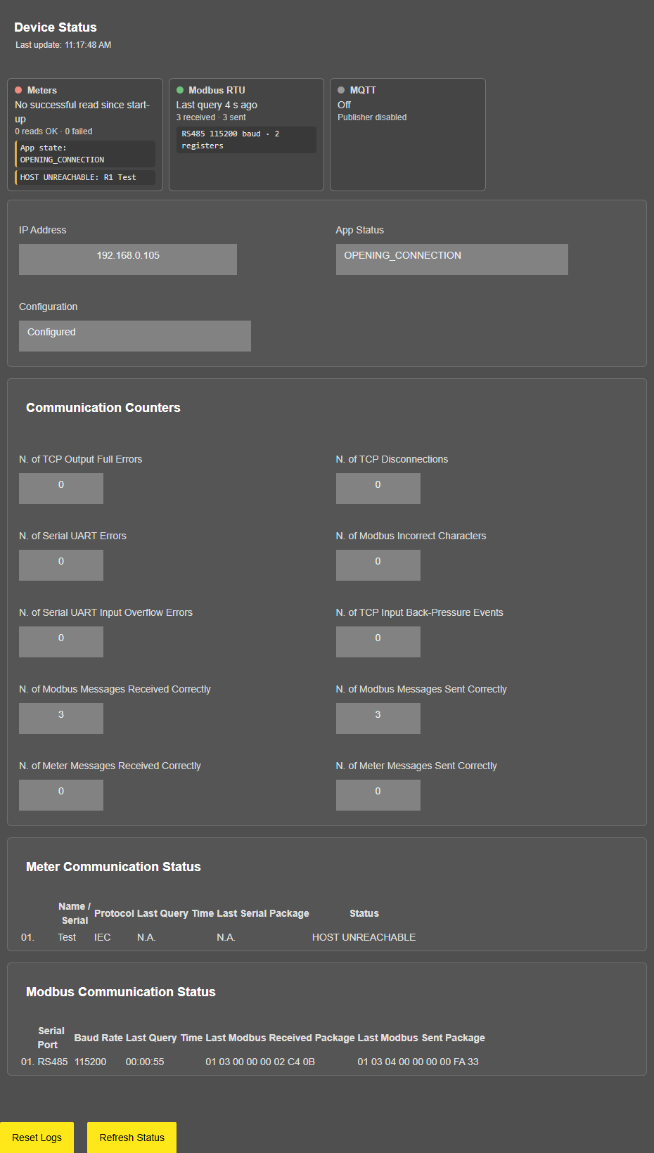 LKM154/254 in the TCP/IP device function, Device Status: "Modbus RTU" card and one row in Modbus Communication Status - unit already in that mode or WRITE (Device Function change + restart)