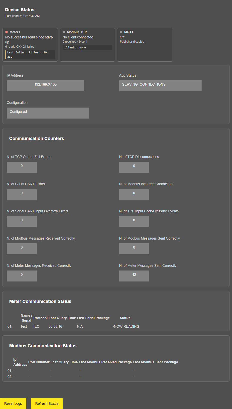 LKM154/254 with the v3.00.02 image, Device Status page, serial mode: overview cards "Meters" (red dot, "No successful read since start-up"), "Modbus TCP" (grey, "No client connected"), "MQTT" (grey, "Off"); one meter row enabled and being read ("->NOW READING")