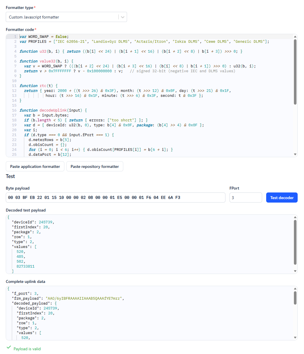 TTN console, Payload formatters, Custom Javascript formatter with the v3.00.02 code, test with a port 3 payload