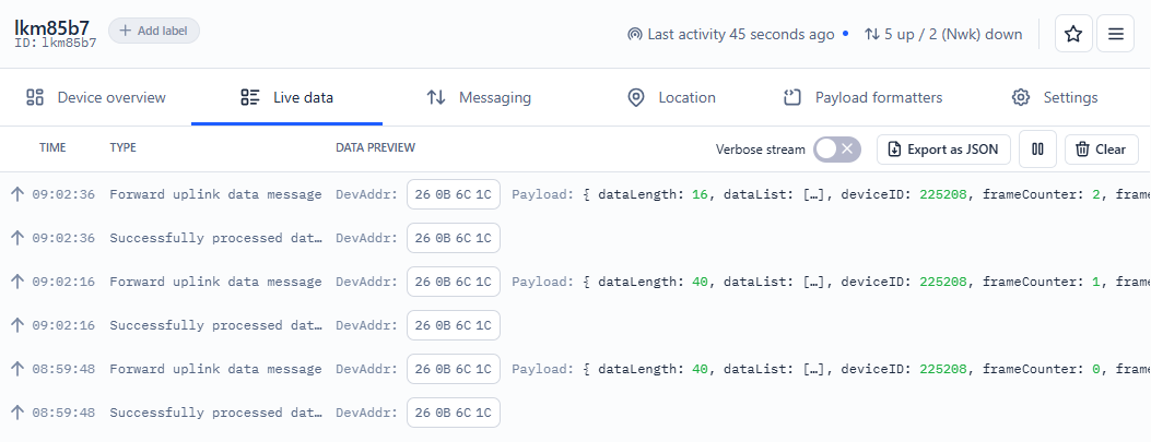TTN console, Live data of the gateway: the meter data uplinks of one read-out (three packages)