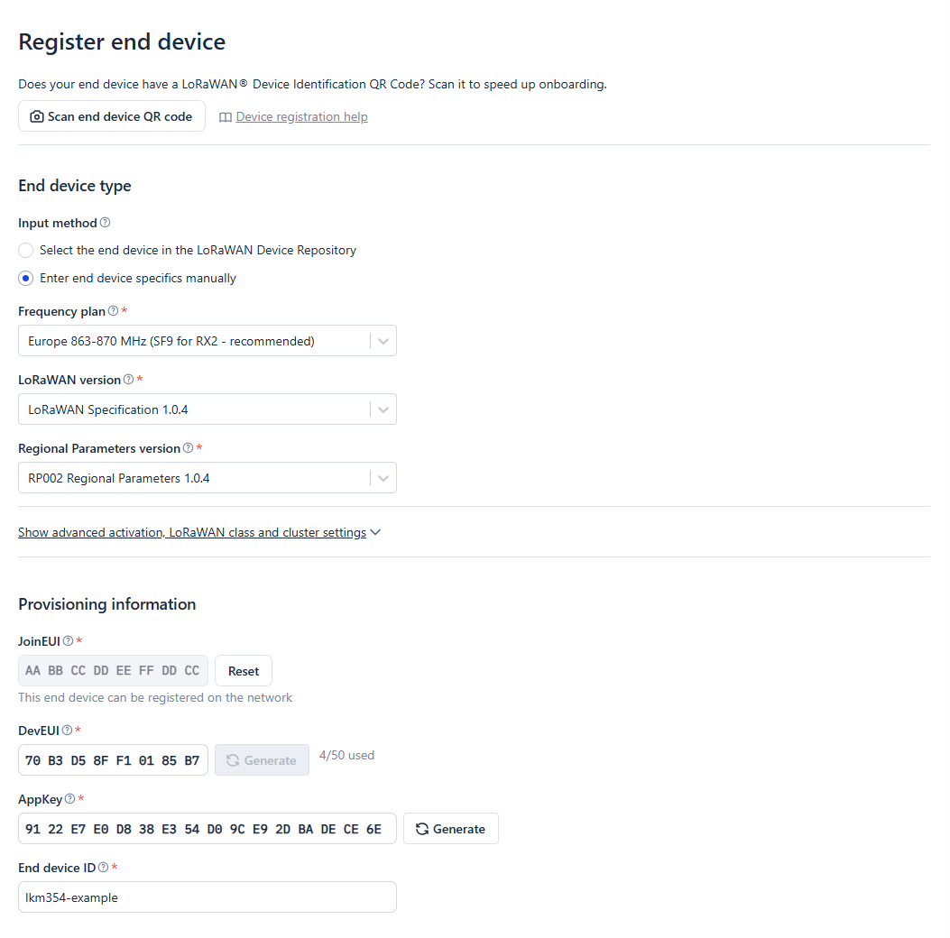 TTN console, Register end device - manual, EU868, JoinEUI / DevEUI / AppKey filled