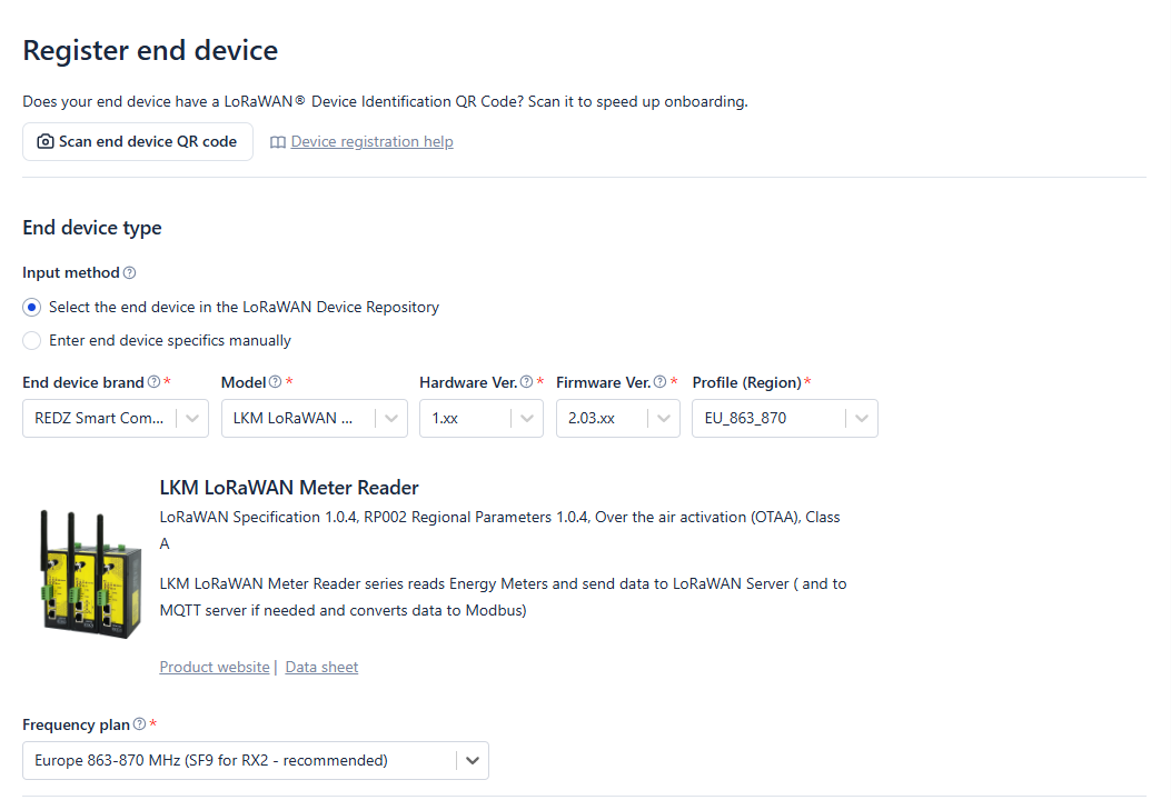 TTN console, device repository, brand REDZ, LKM model selected