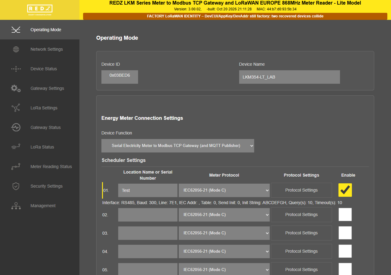 Main screen of an LKM354-Lite, Operating Mode page; the orange "FACTORY LoRaWAN IDENTITY" band is shown under the version line